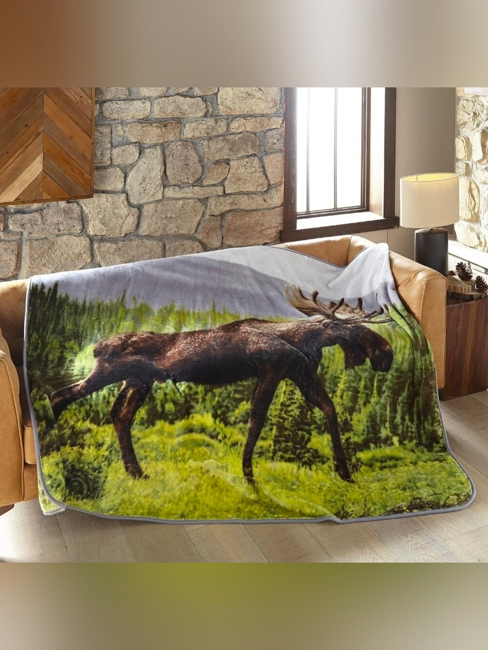 Shavel Moose Scene Plush Throw Blanket in Green and Brown